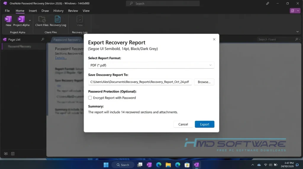 onenote password recovery 2026 Modal dialog Export Recovery Report by HMD Software