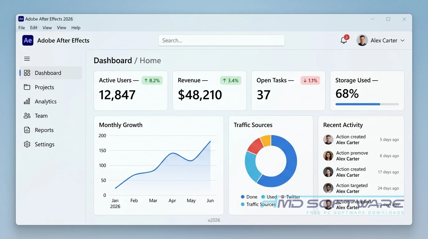 Adobe After Effects 2026 Dashboard by HMD Software
