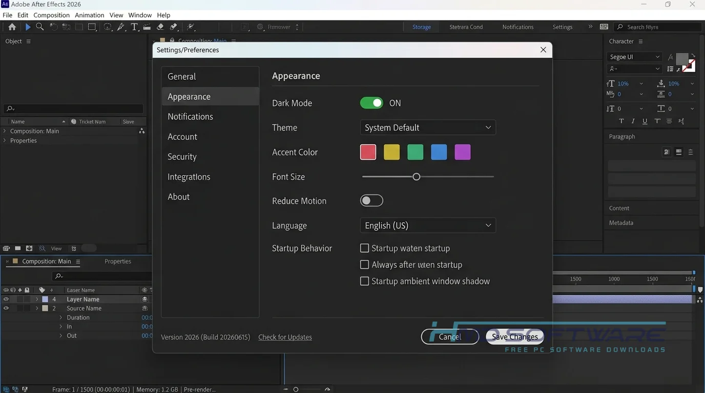 Adobe After Effects 2026 Settings window by HMD Software