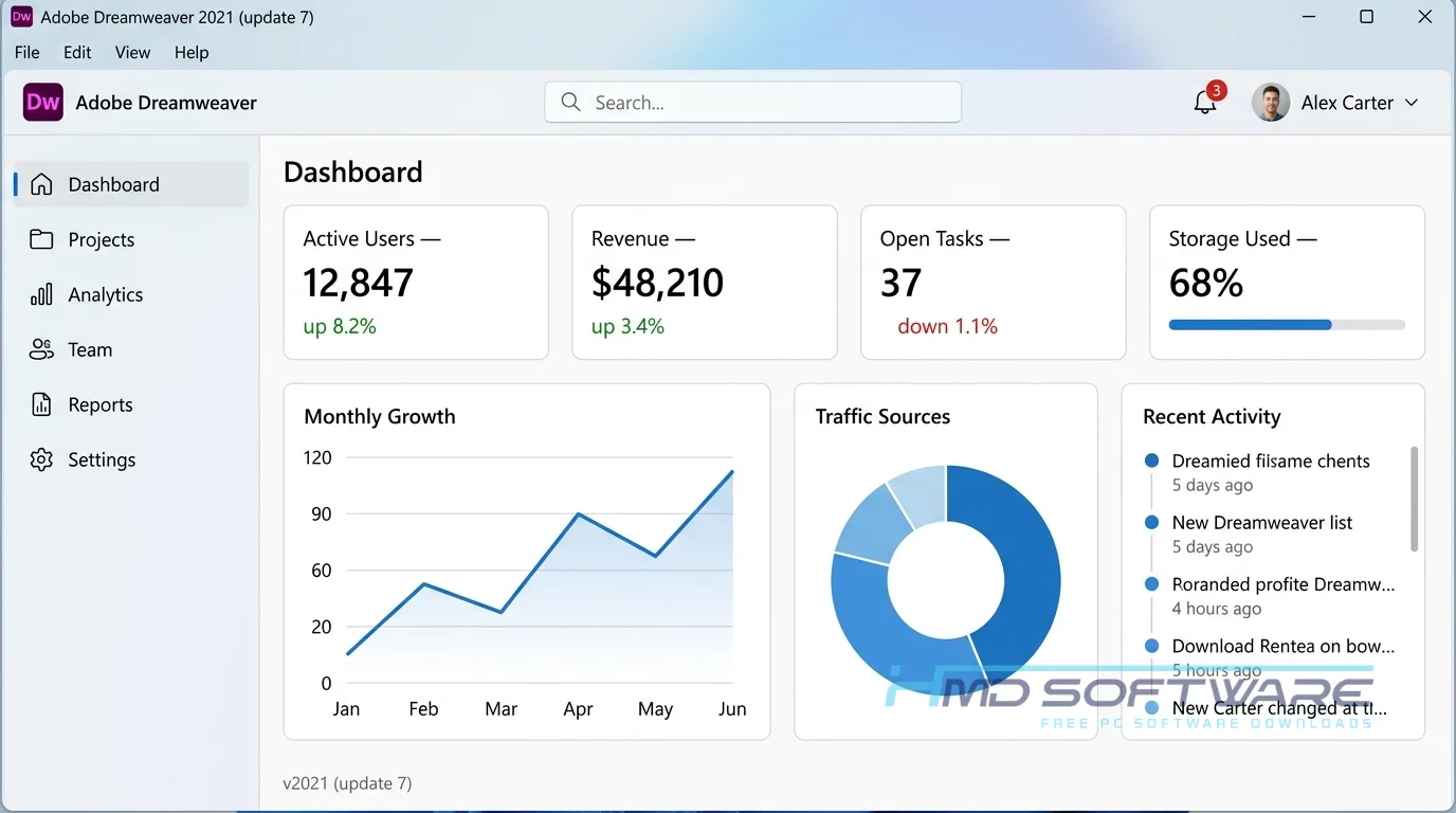 Adobe Dreamweaver 2021 (update 7) Dashboard Home screen capture by HMD Software