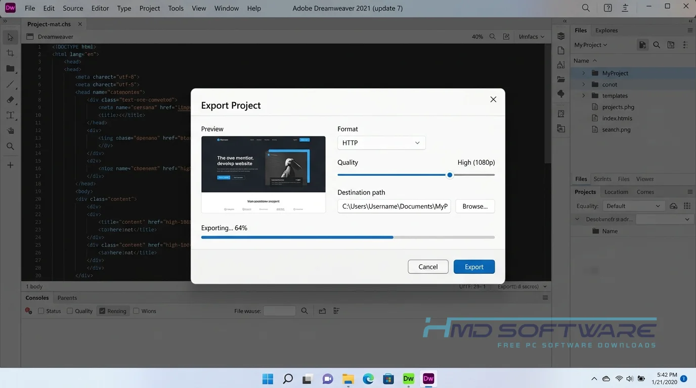Adobe Dreamweaver 2021 (update 7) Export Project modal UI by HMD Software