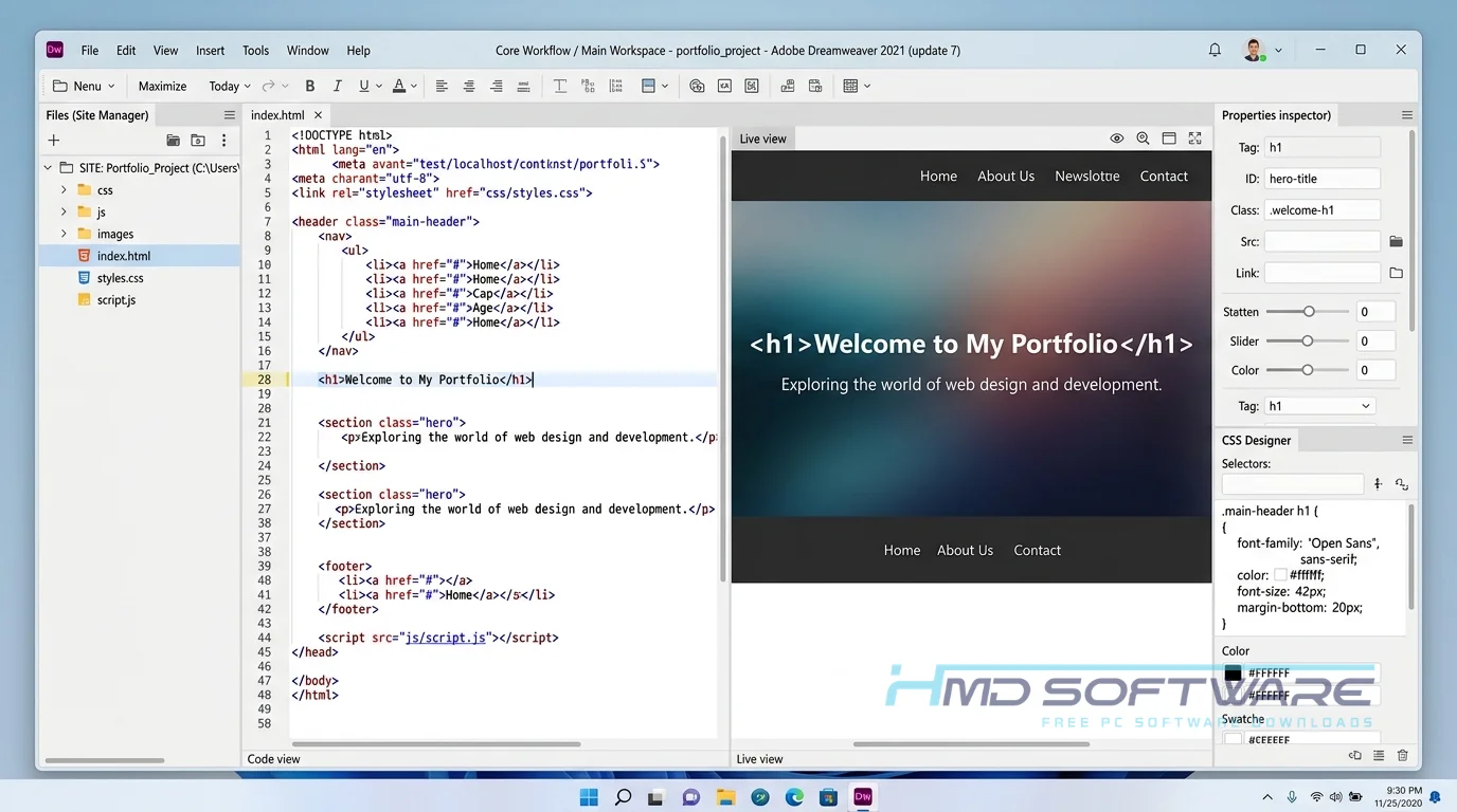 Adobe Dreamweaver 2021 (update 7) workspace screen by HMD Software