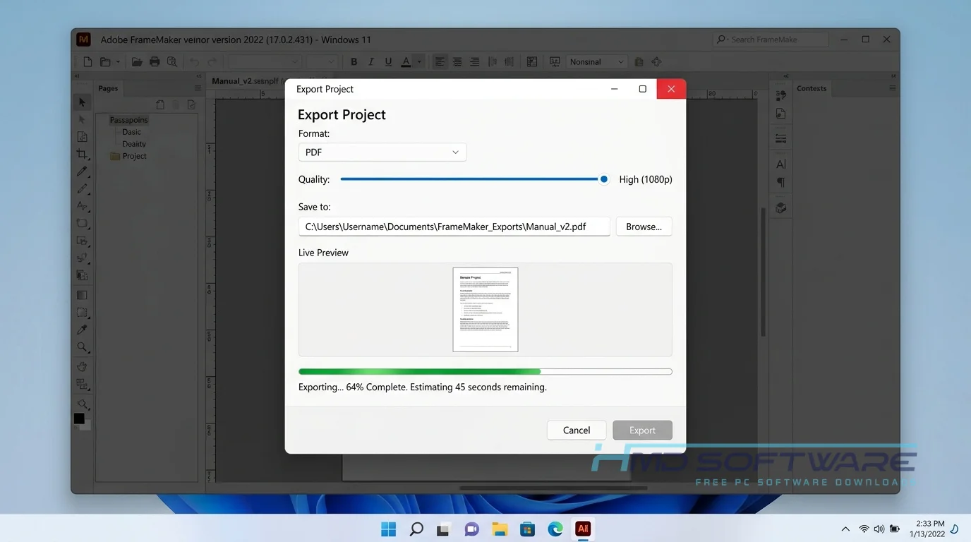 Adobe FrameMaker 2022 17.0.2.431 Export Project modal UI by HMD Software