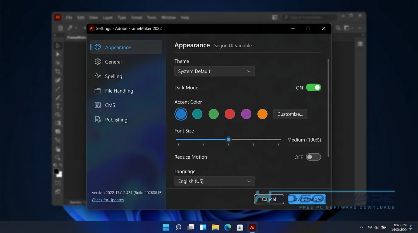 Adobe FrameMaker 2022 17.0.2.431 settings window by HMD Software