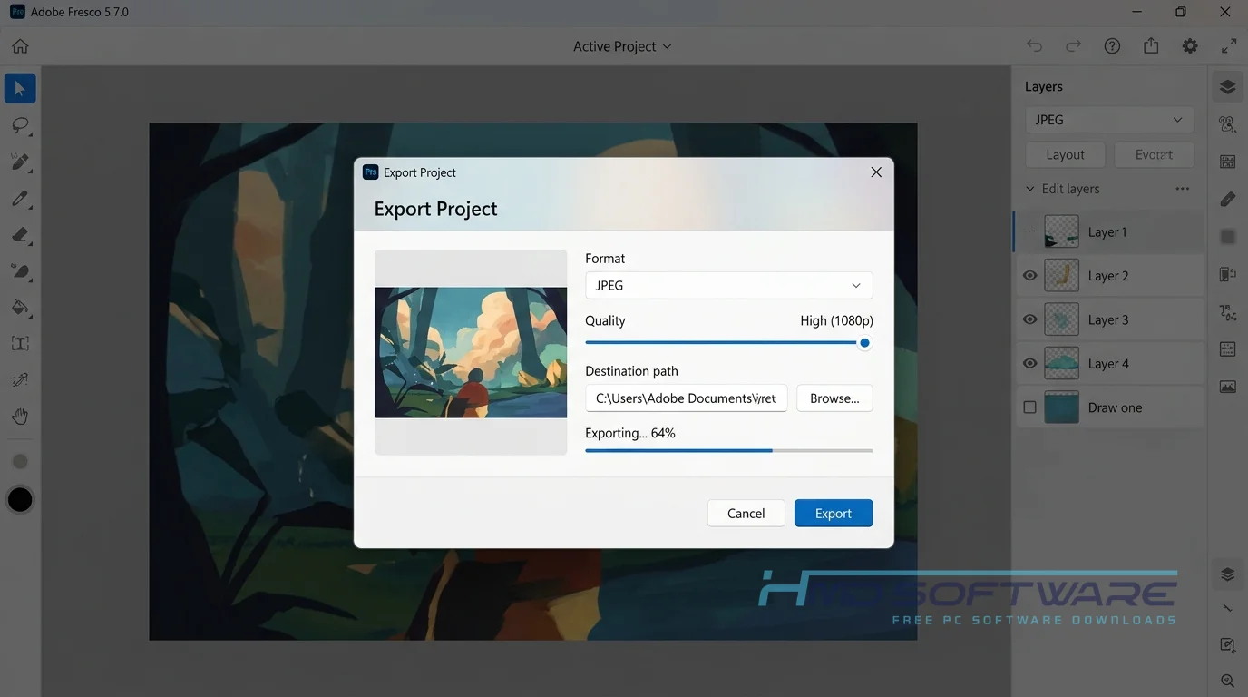 Adobe Fresco 5.7.0 export modal by HMD Software