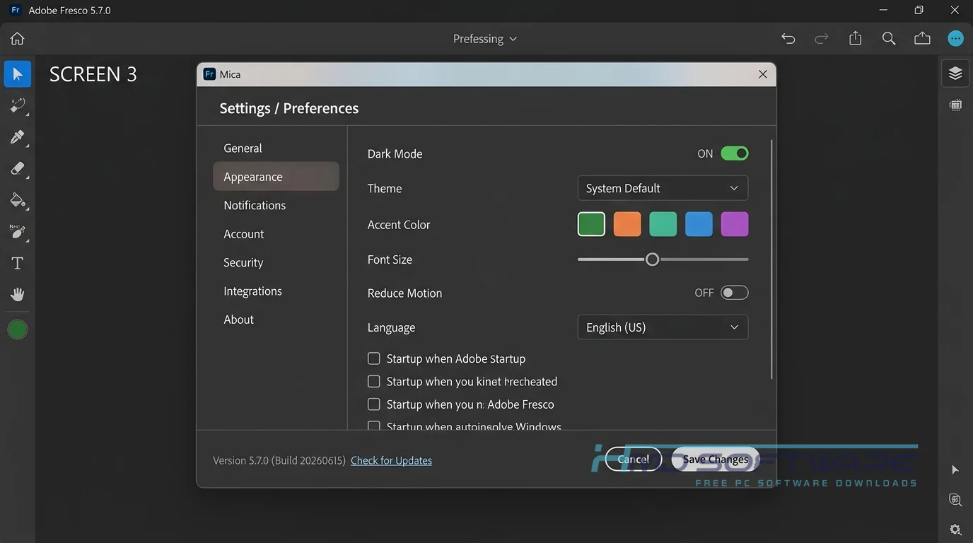 Adobe Fresco 5.7.0 settings window by HMD Software