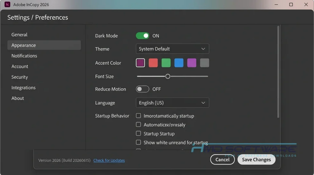 Adobe InCopy 2026 Settings Appea by HMD Software