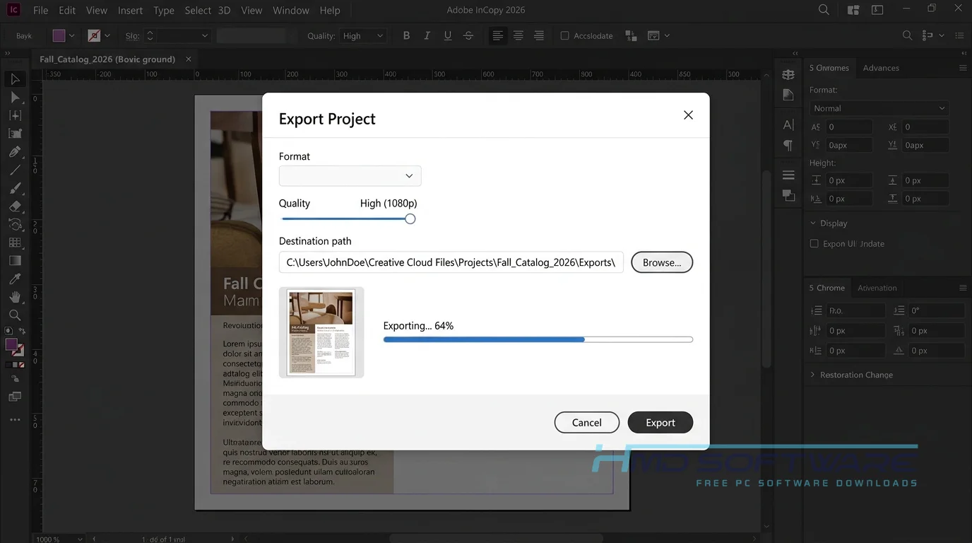 Adobe InCopy 2026 Update 2 Export Project modal UI by HMD Software