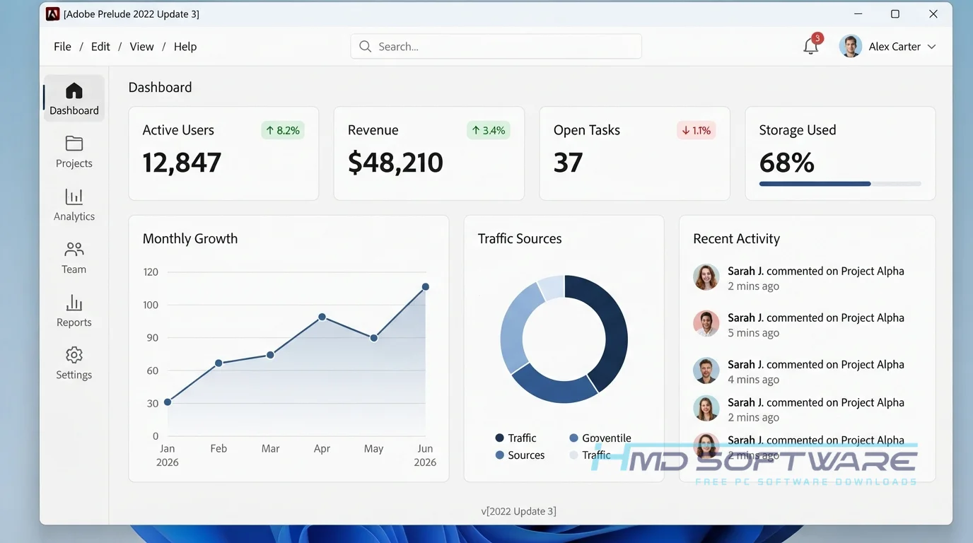 Adobe Prelude 2022 Dashboard home screen with KPI by HMD Software