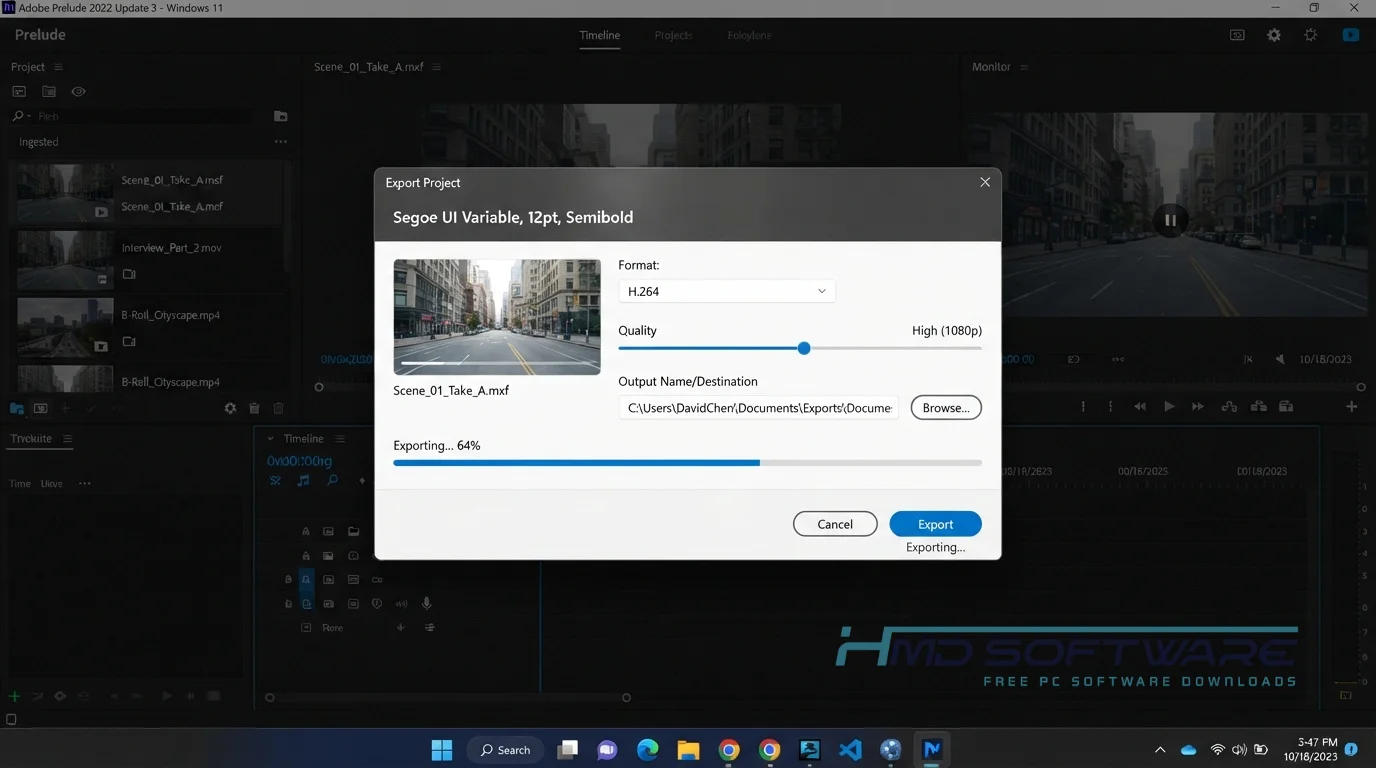 Adobe Prelude 2022 Update 3 Export Project modal UI by HMD Software