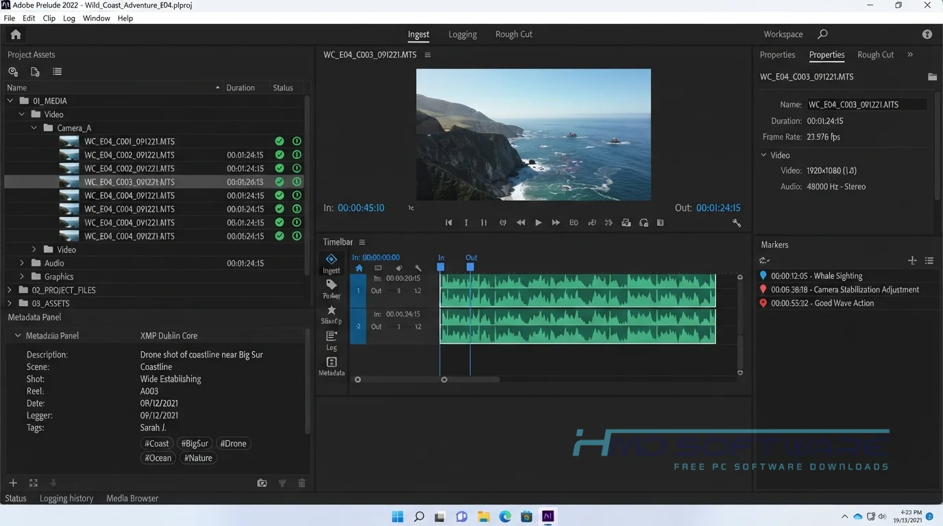 Adobe Prelude App workspace with video thumbnails by HMD Software