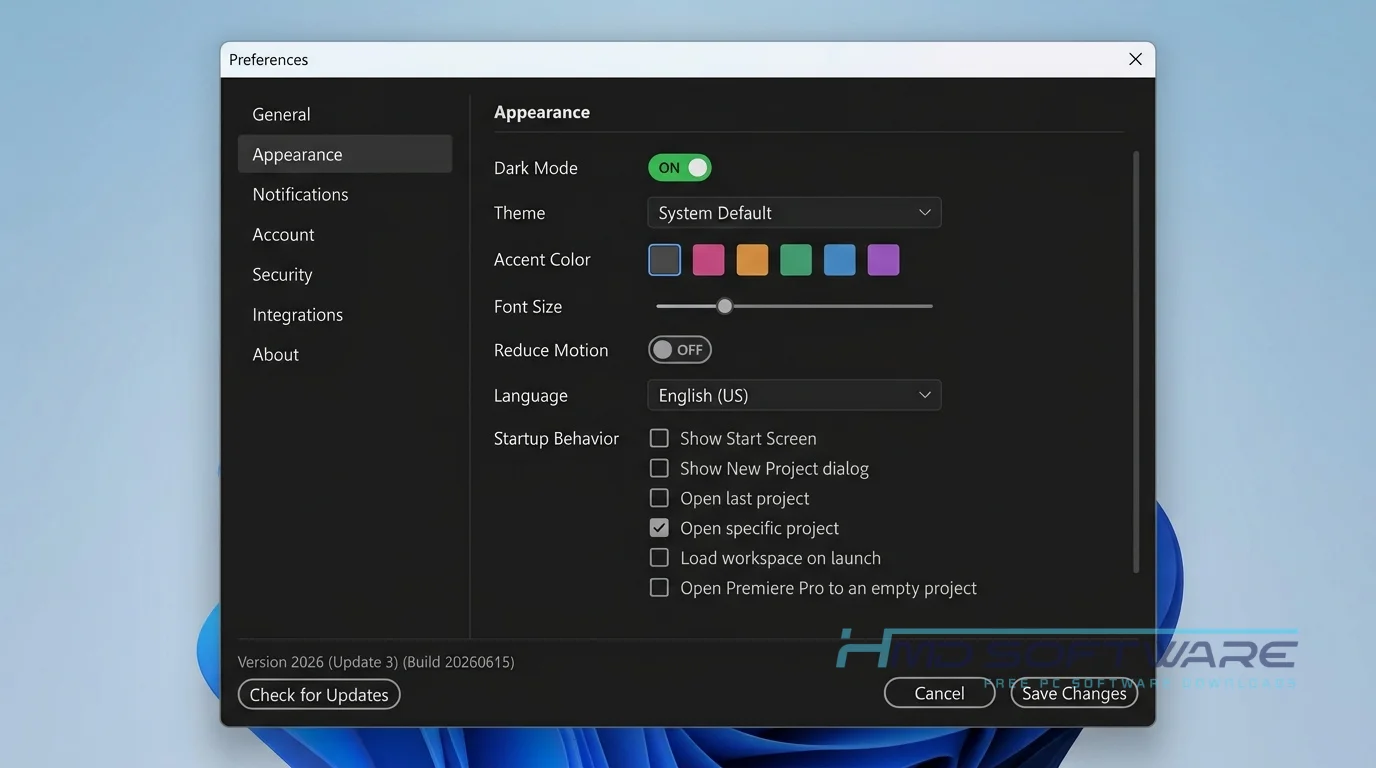 Adobe Premiere Pro 2026 26.3 settings window by HMD Software