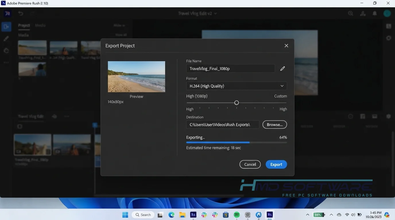 Adobe Premiere Rush 2.10 Export modal on Windows 11 by HMD Software