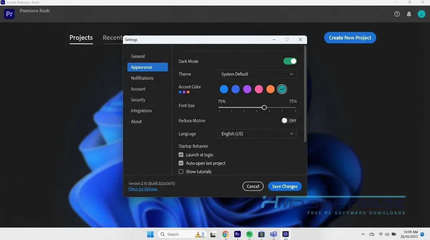 Adobe Premiere Rush 2026 settings screen by HMD Software