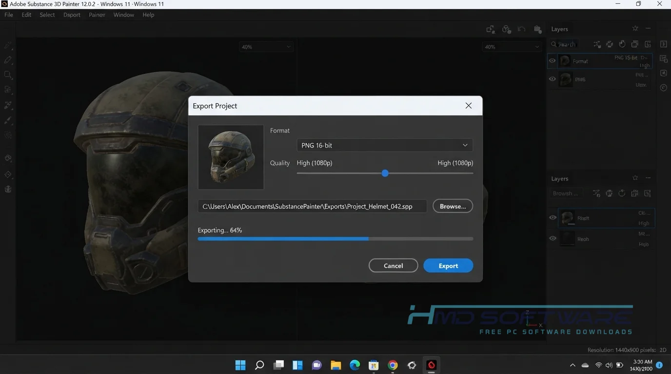 Adobe Substance 3D Painter 12.0.2 Export modal with progress bar by HMD Software