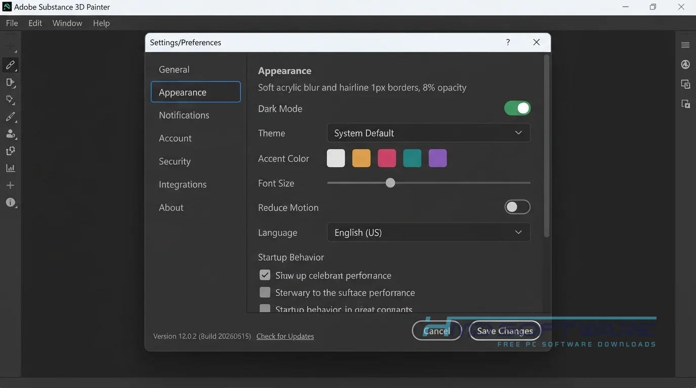 Adobe Substance 3D Painter 12.0.2 Settings window Appearance tab by HMD Software