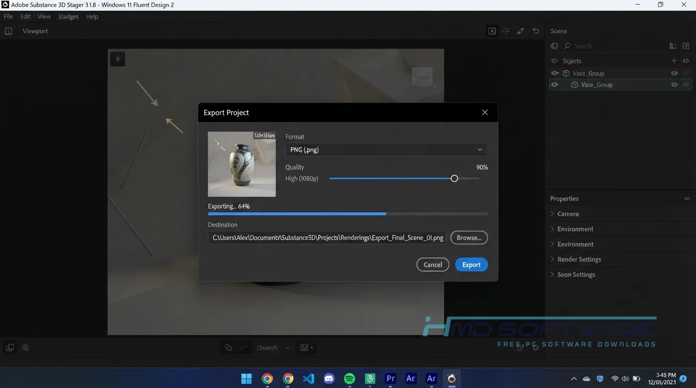Adobe Substance 3D Stager 3.1.8 Export modal in application by HMD Software