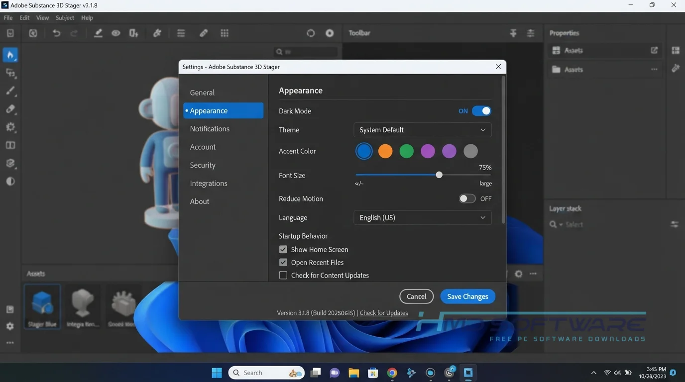Adobe Substance 3D Stager 3.1.8 Settings window with dark mode by HMD Software