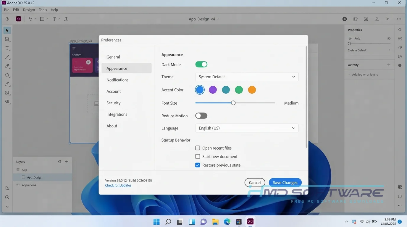 Adobe XD 2025 Settings window by HMD Software