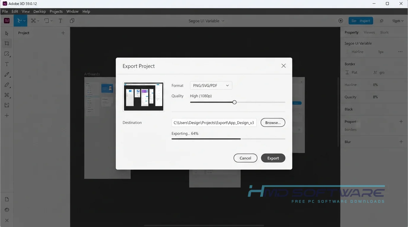 Adobe XD 2025 export modal by HMD Software