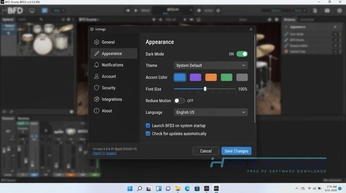BFD Drums BFD3 2026 Settings window by HMD Software