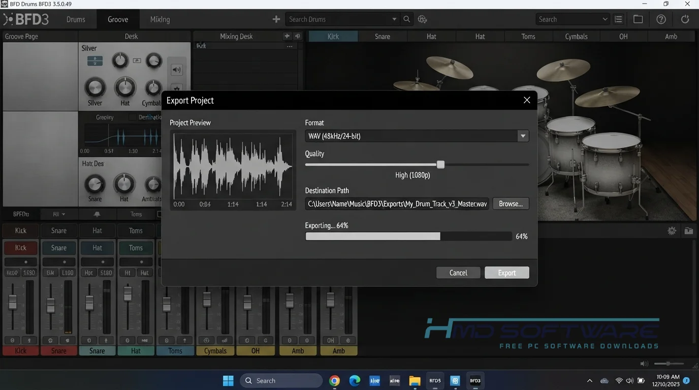 BFD Drums BFD3 3.5.0.49 Export Project modal on Windows by HMD Software
