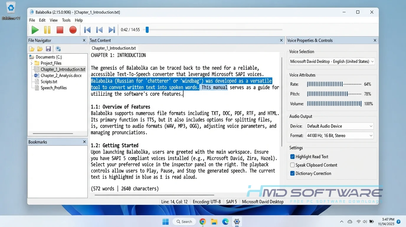 Balabolka 2026 2.15.0.906 workflow Windows 11 by HMD Software