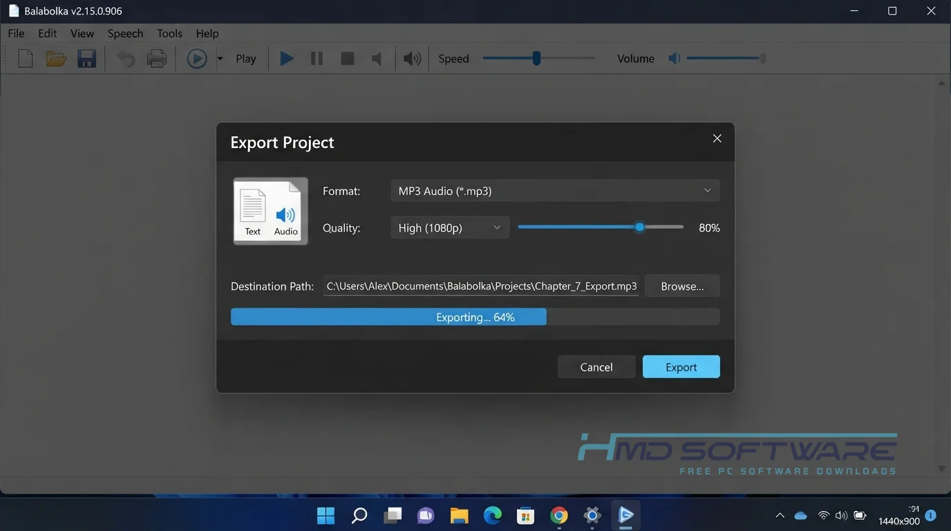 Balabolka 2026 export modal UI by HMD Software