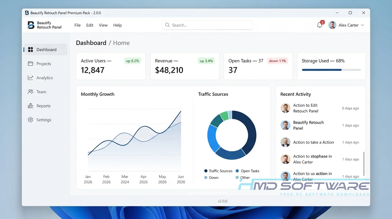 Beautify Retouch Panel 2020 dashboard by HMD Software