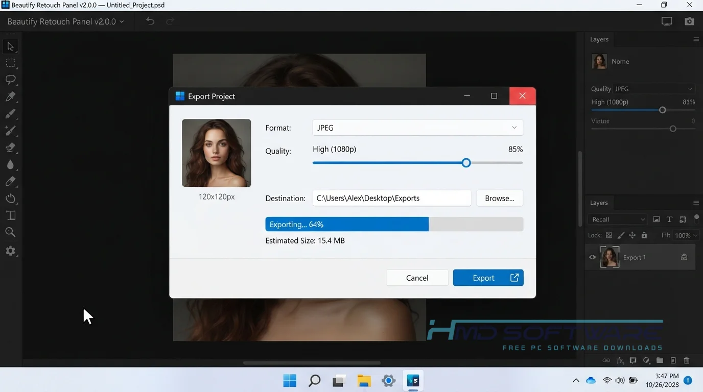 Beautify Retouch Panel Premium Pack 2.0.0 Export Project modal UI by HMD Software