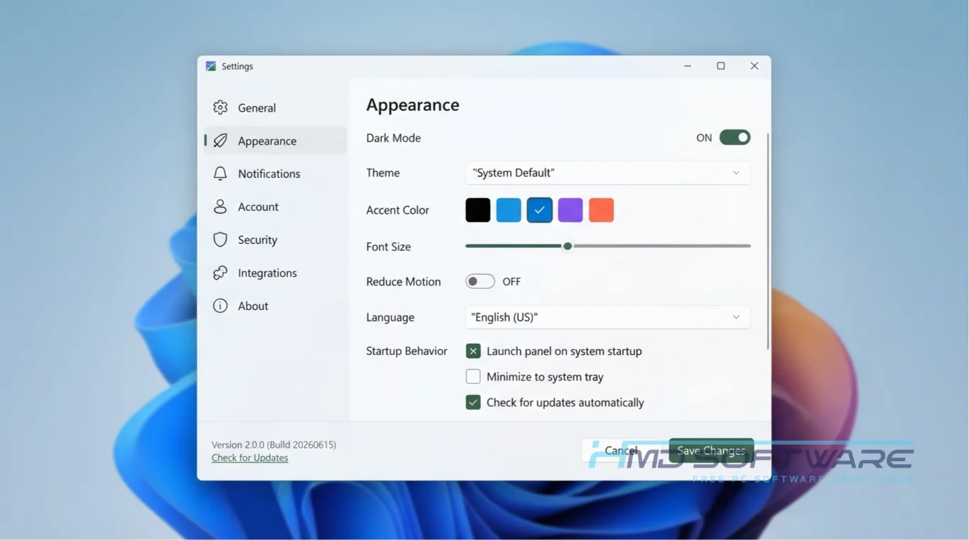 Beautify Retouch Panel Premium Pack 2.0.0 Settings window with dark mode by HMD Software