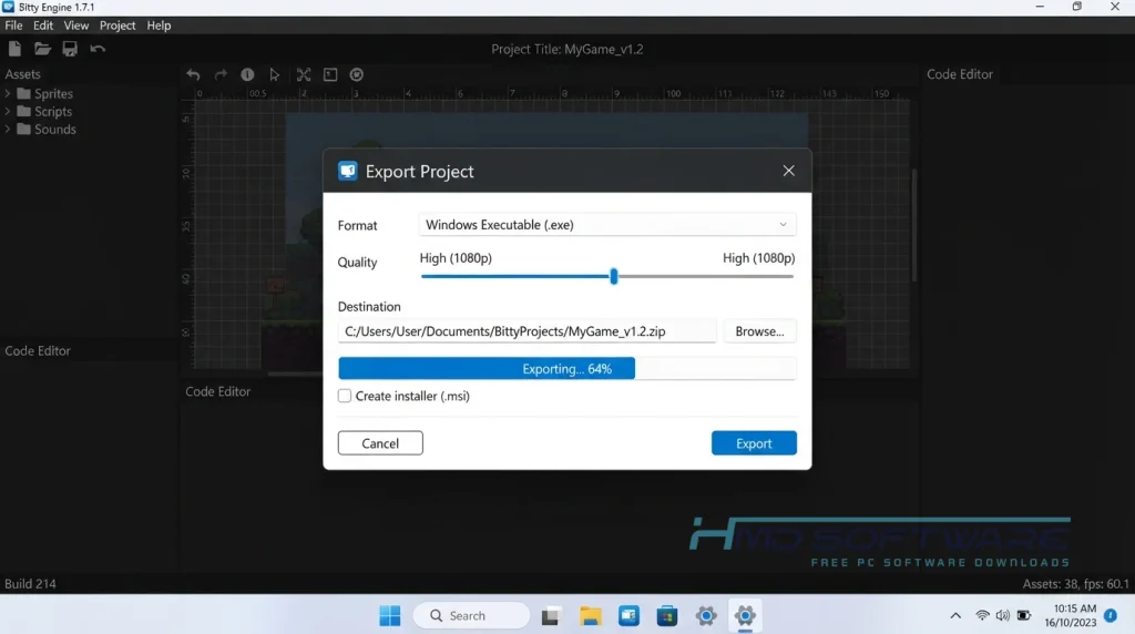 Bitty Engine 1.7.1 Export Project modal screen by HMD Software