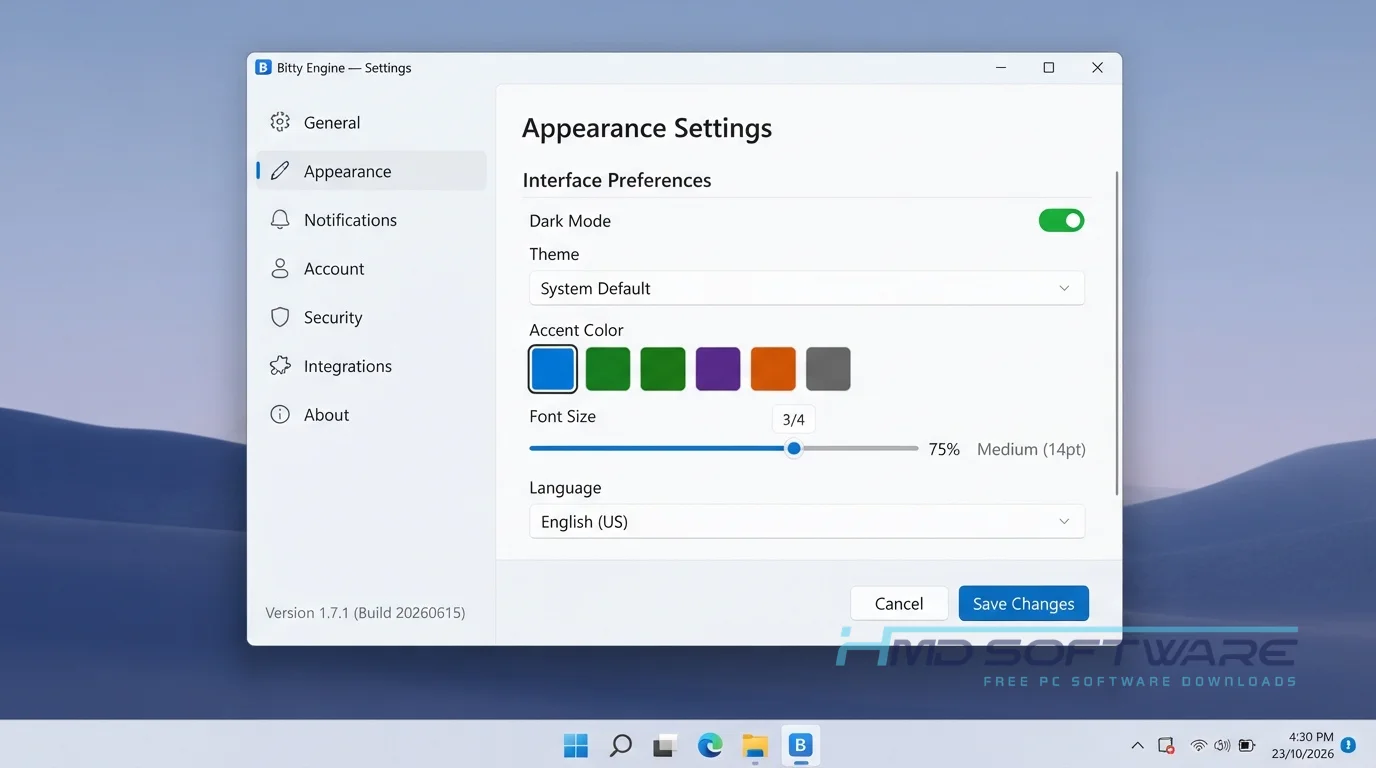 Bitty Engine 2026 settings window by HMD Software