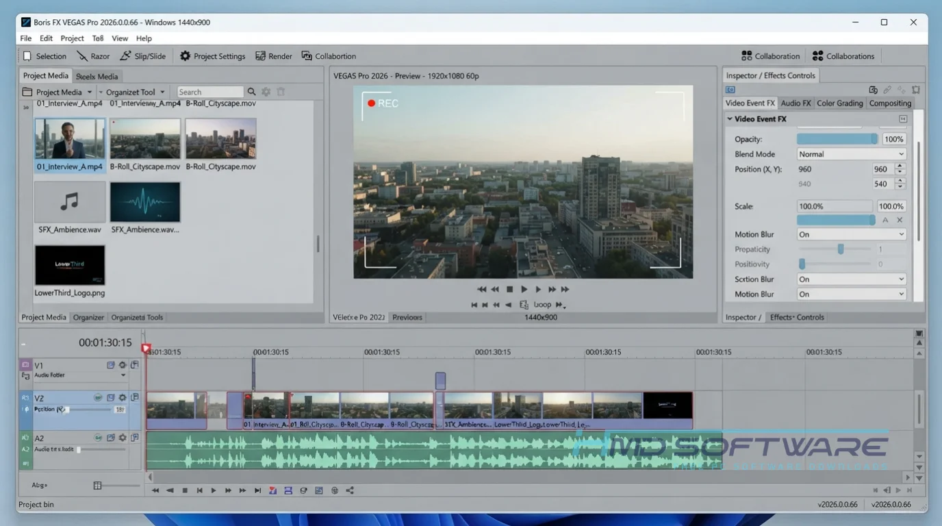 Boris FX VEGAS Pro 2026 workflow UI by HMD Software