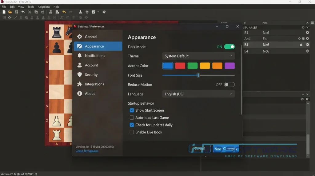 ChessBase Fritz settings window by HMD Software