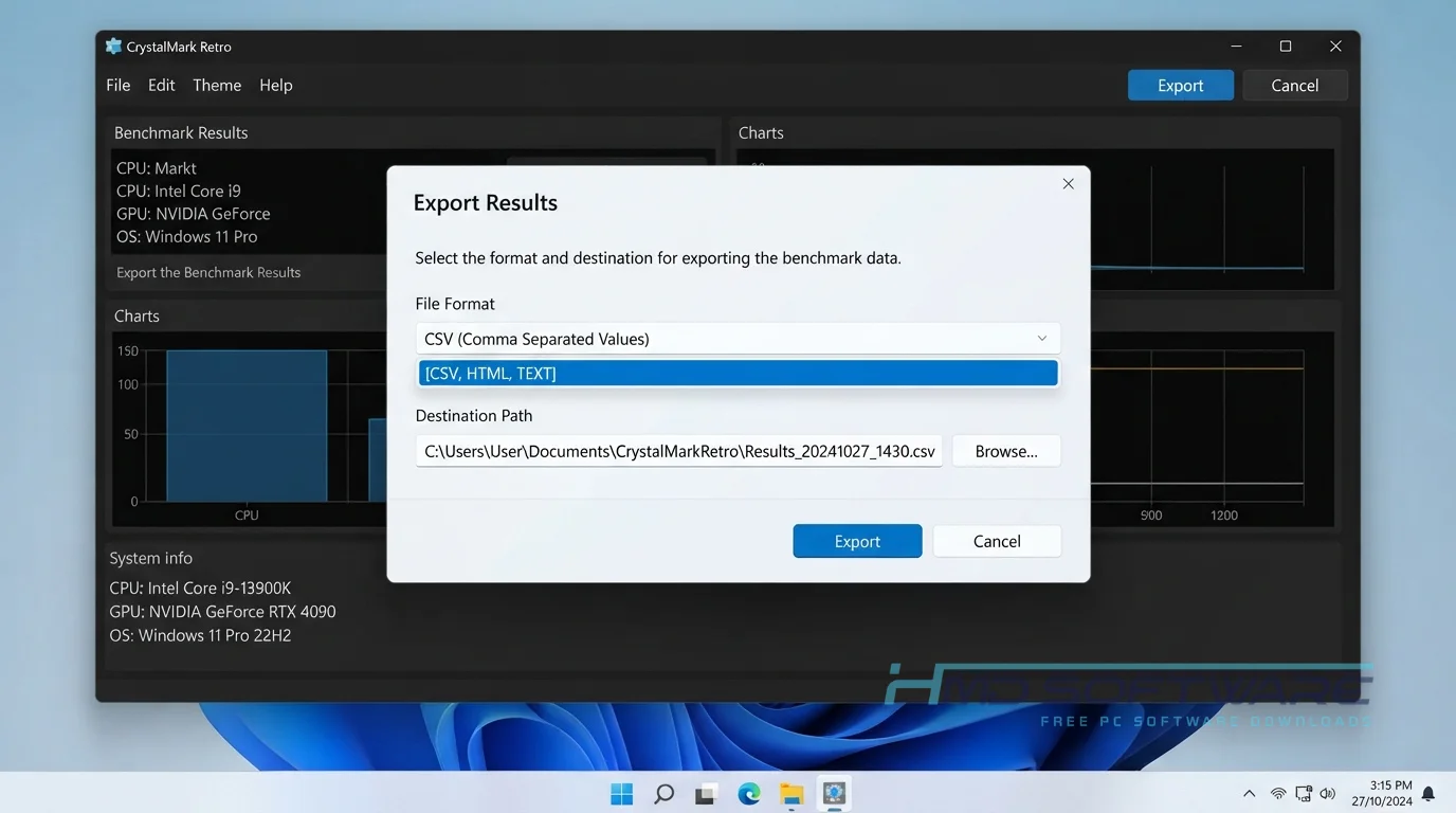 CrystalMark Retro 2.1.0 Export Benchmark Results modal dashboard by HMD Software