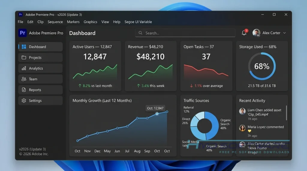 Dashboard Home screen capture Adobe Premiere Pro 2026 26.3 by HMD Software