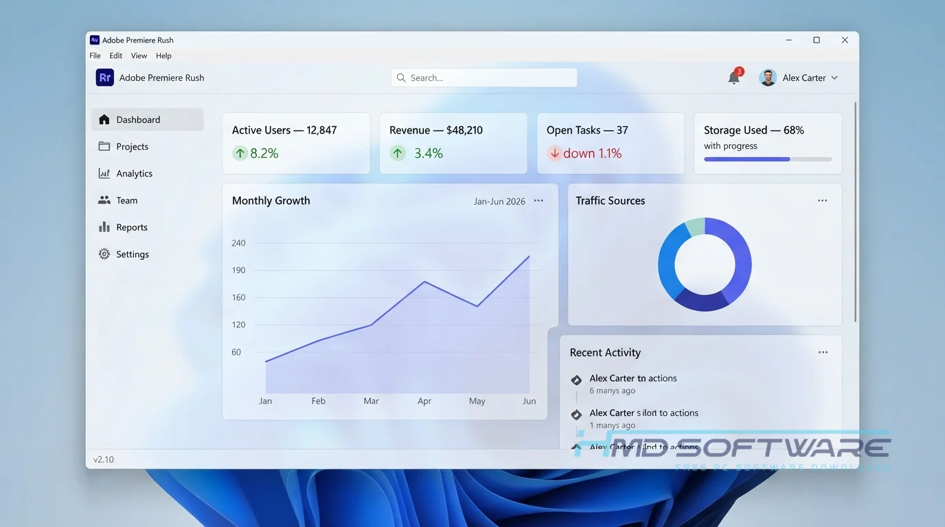 Dashboard screen Adobe Premiere Rush 2026 2.10 by HMD Software