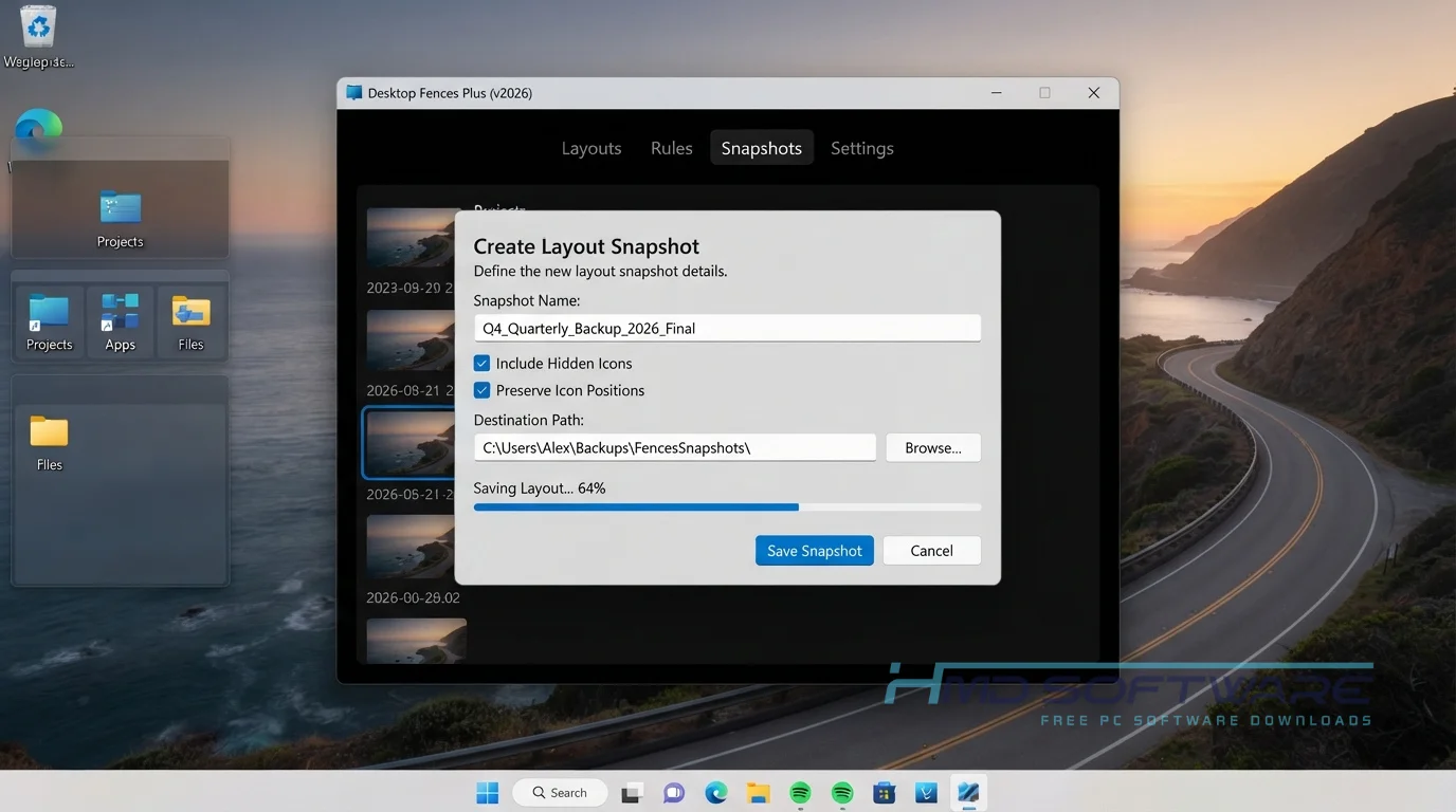 Desktop Fences Plus 2026 Create Layout Snapshot modal dialog by HMD Software
