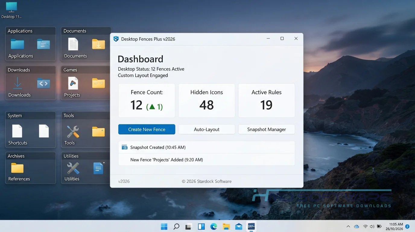 Desktop Fences Plus dashboard screen by HMD Software