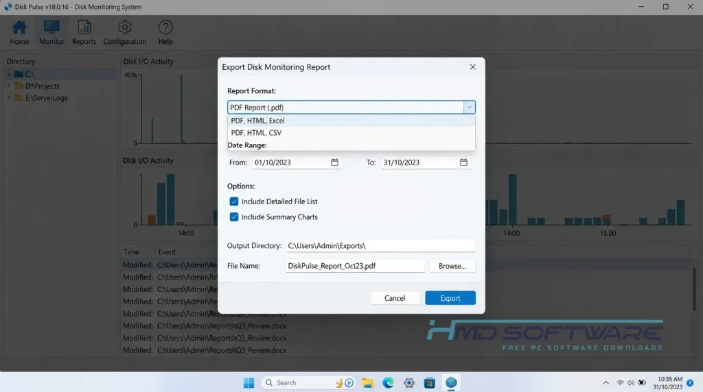 Disk Pulse export report modal by HMD Software