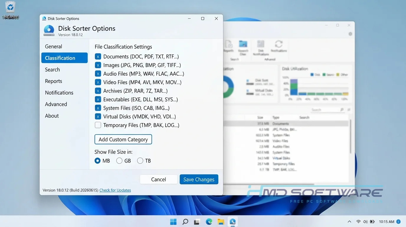 Disk Sorter Settings window by HMD Software