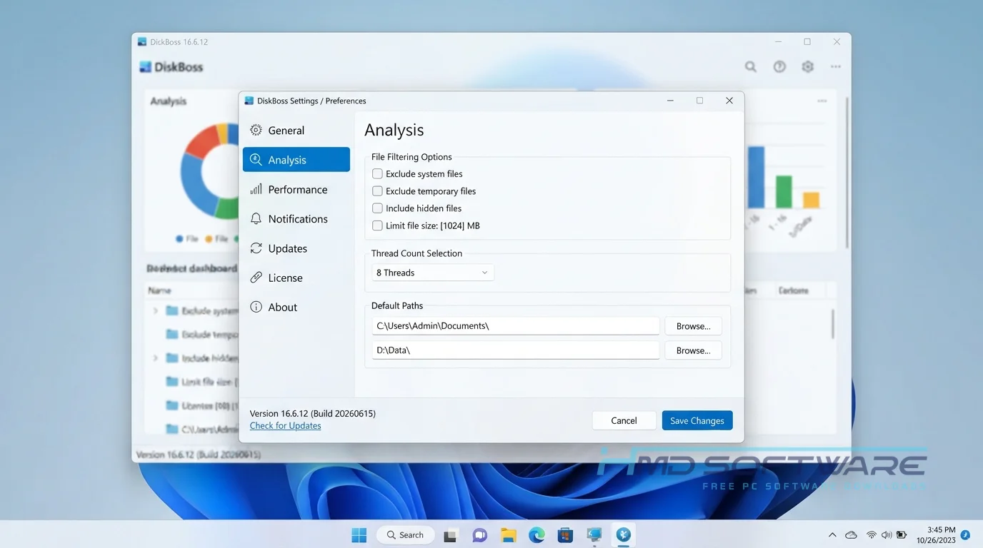 DiskBoss 2026 settings window screenshot by HMD Software
