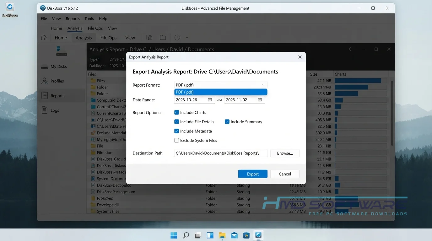 DiskBoss modal dialog export report by HMD Software