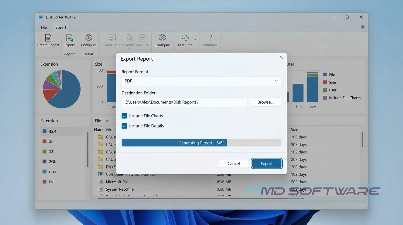 DiskSorter 2026 Export Report modal dialog by HMD Software