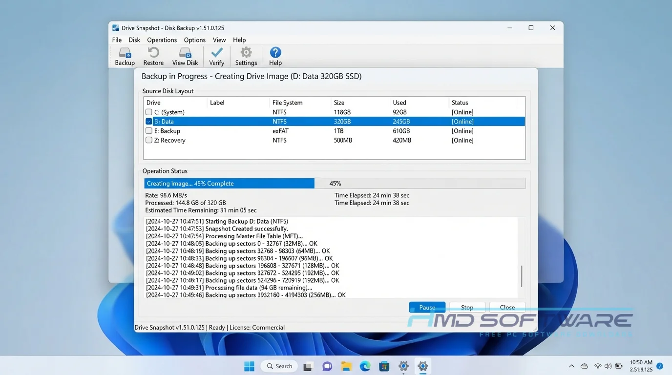 Drive Snapshot 2026 disk backup progress by HMD Software