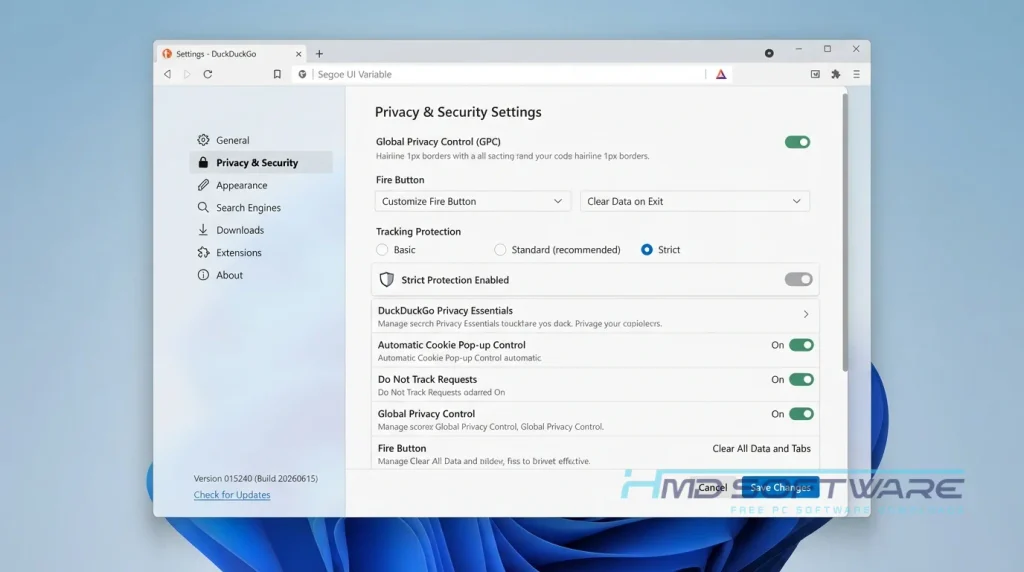 DuckDuckGo Browser 2026 settings window UI by HMD Software