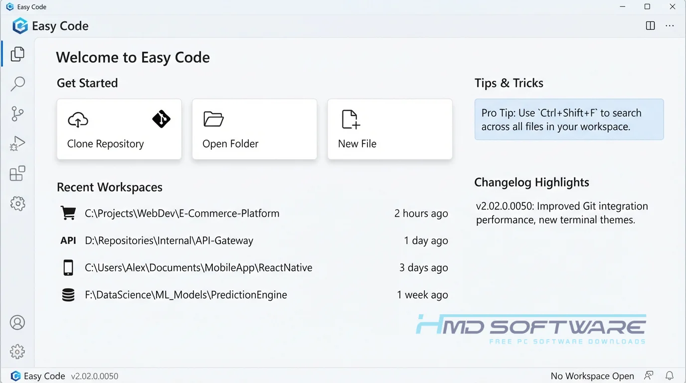 Easy Code 2.02.0.0050 dashboard UI screen captures by HMD Software