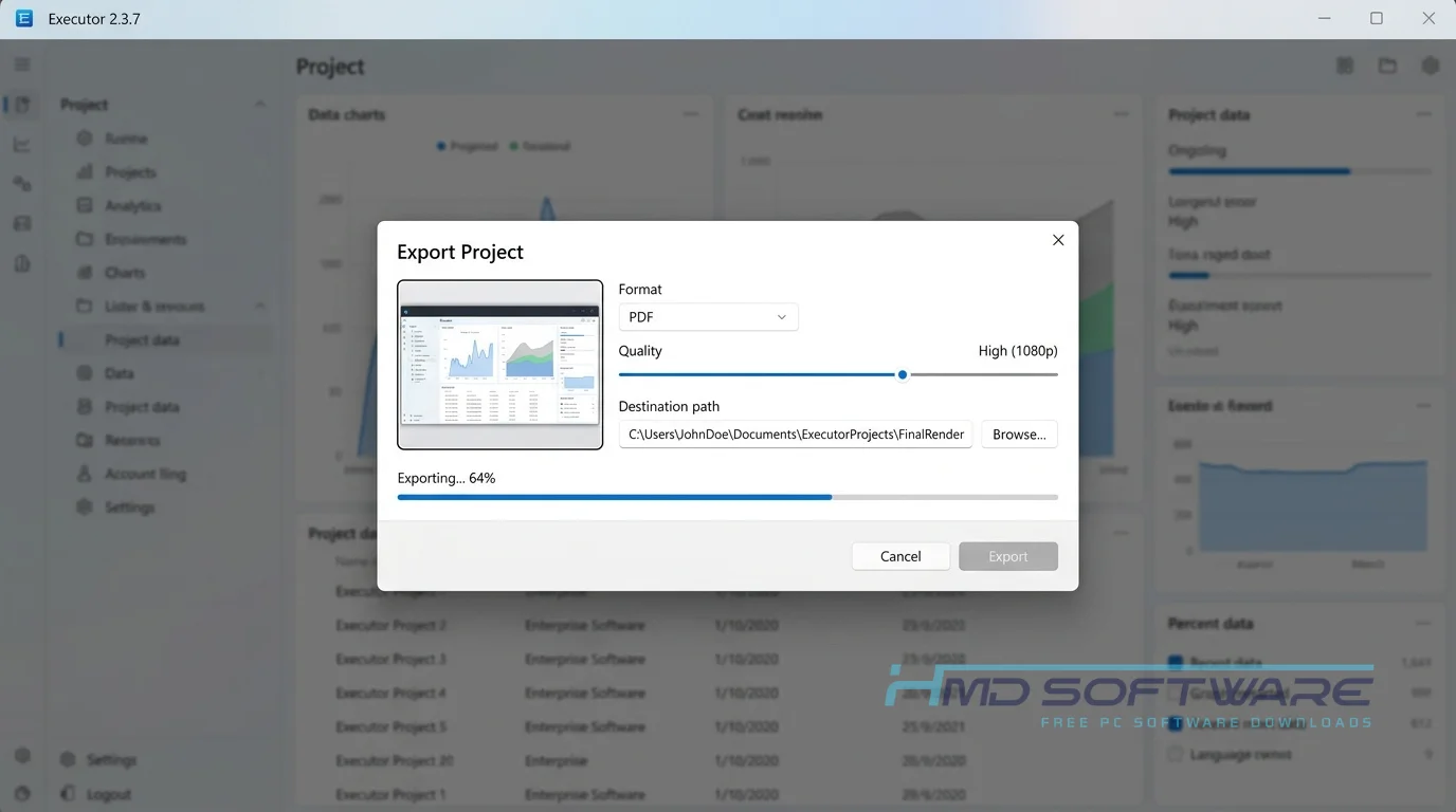 Executor app export modal by HMD Software