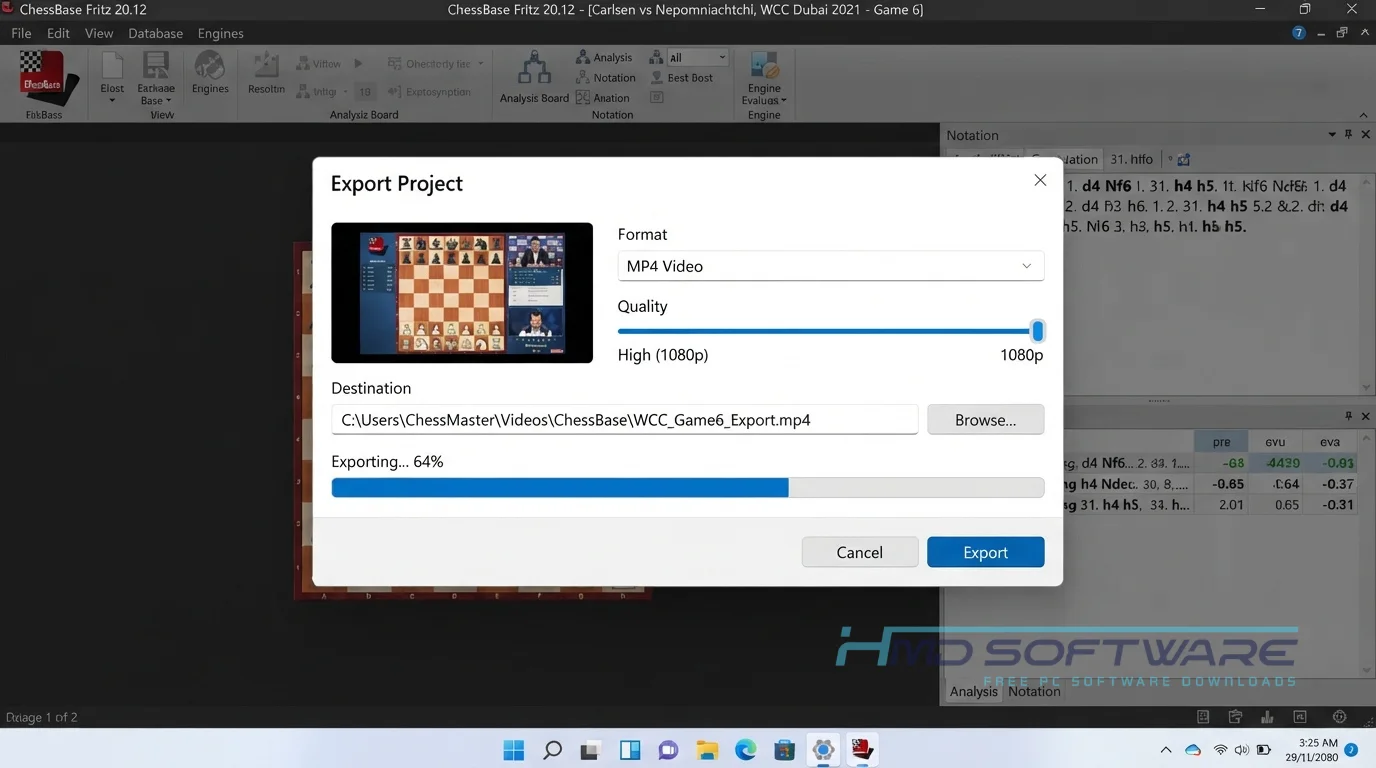 Export Project modal ChessBase by HMD Software